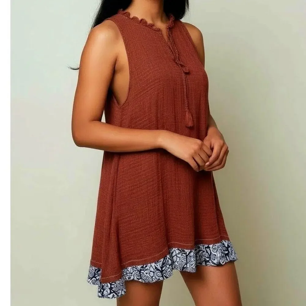 Free People Ruffle & Tassle Flowy Oversized Cotton Gauzy Blend Tunic Mini Dress